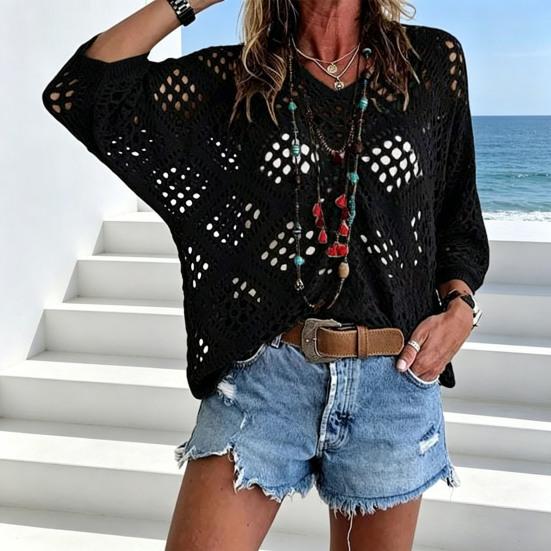 Women Tops V-Neck Three-quarter Sleeves Loose Fit Knitted Tops Pure Color Hollow Design Summer Casual Blouse