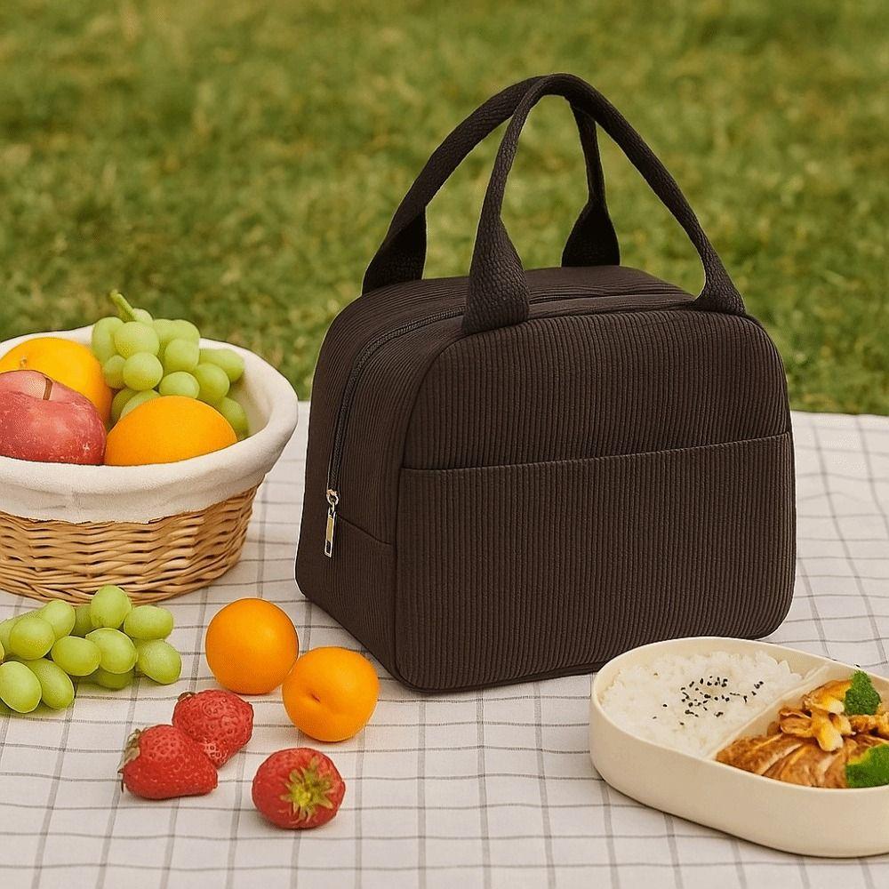 Compact Corduroy Insulated Lunch Bag Large Capacity Hand-Held Thermal Lunch Bag Portable Minimalist Handbag Picnic