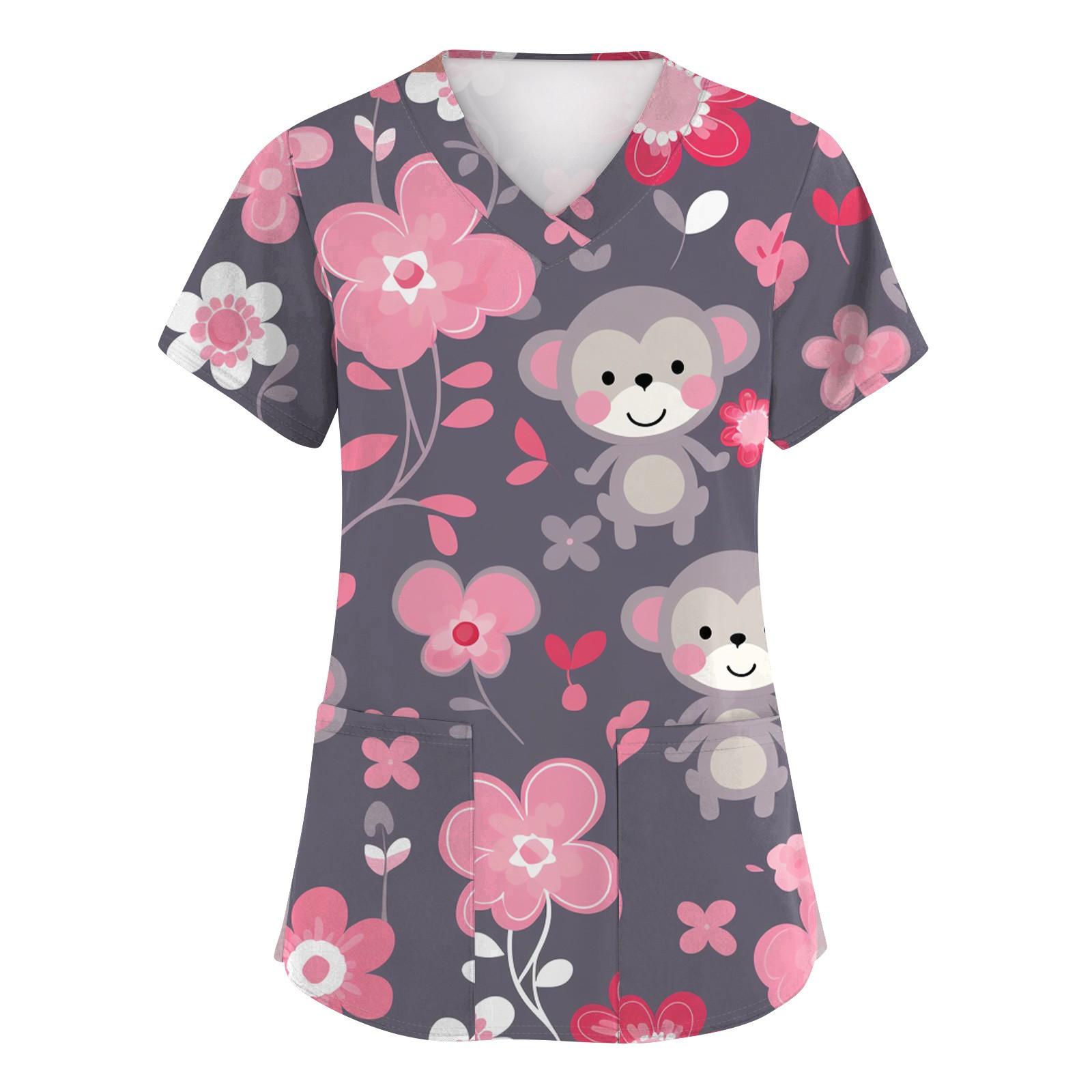 

Women s Fashion Short Sleeve Cute Animal Printed V-Neck Pocket Workwear Tops XXXXL рожевий