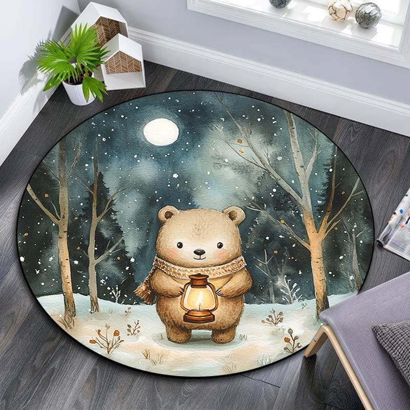 

Bear Lantern Forest Night Round Area Rug,Carpet Rug for Living Room Bedroom Sofa Playroom Decor,Non-slip Floor Mat 80cmx80cm