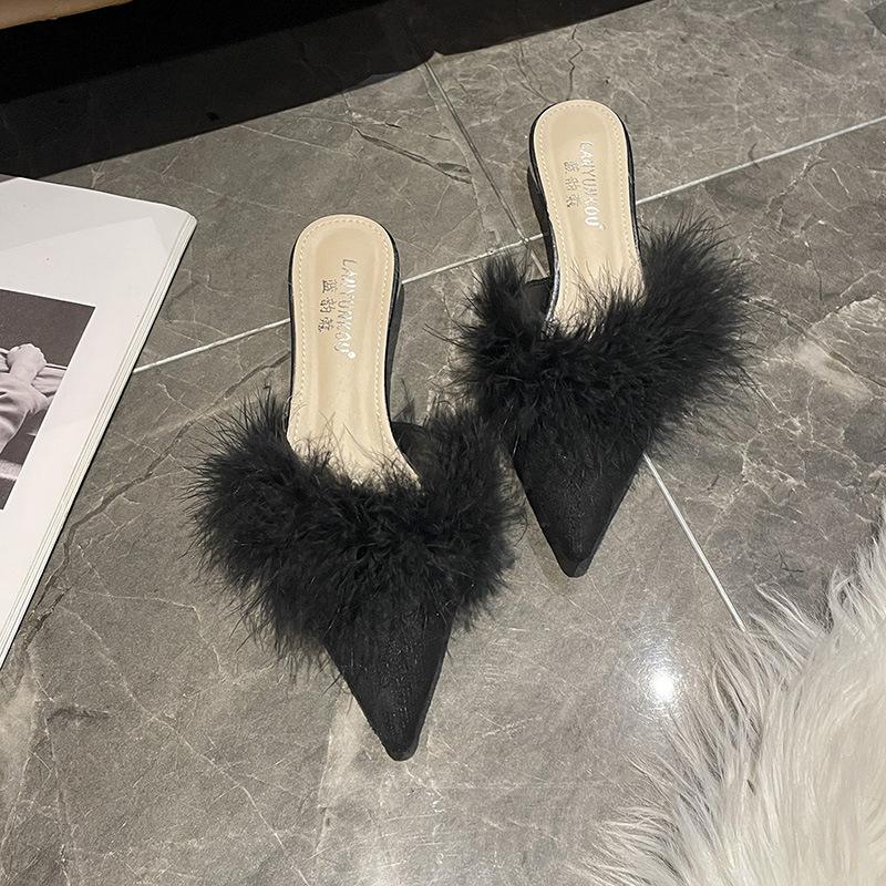 

Mao Mao high-heeled stiletto sandals women s outer wear 2024 spring and autumn new versatile French pointed half slippers women s trend 40 чорний