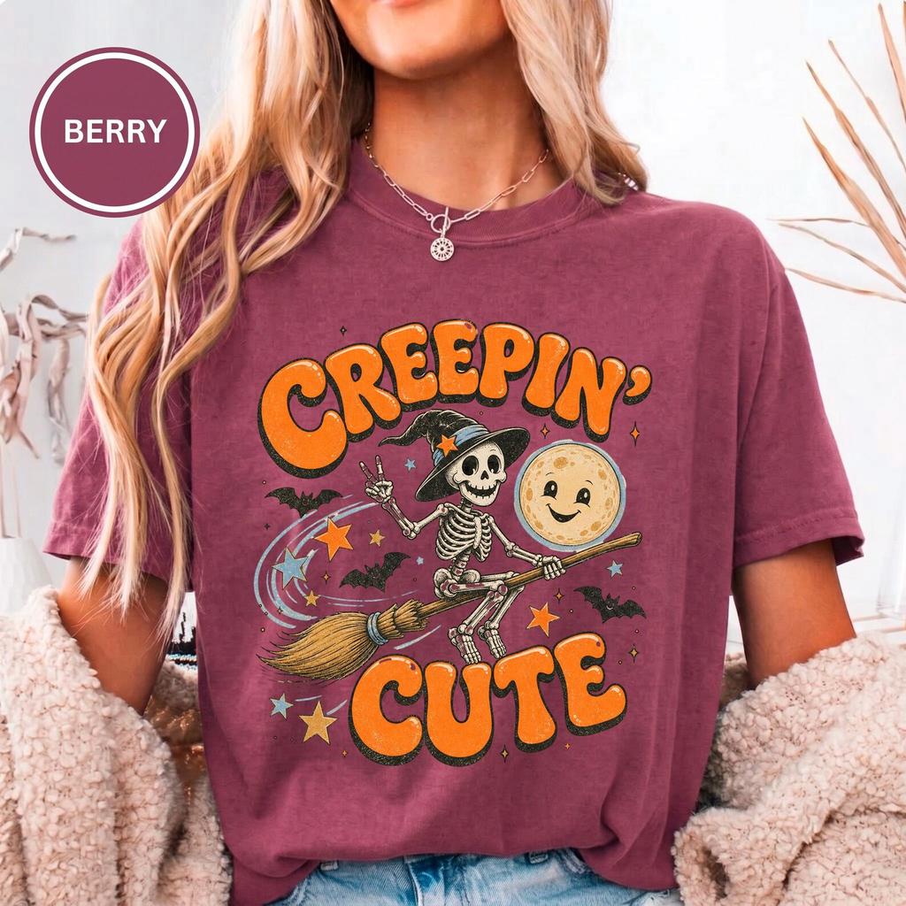 Funny Skeleton Witch Tee, Creepin Cute, Halloween Party, Spooky Season Comfort Colors