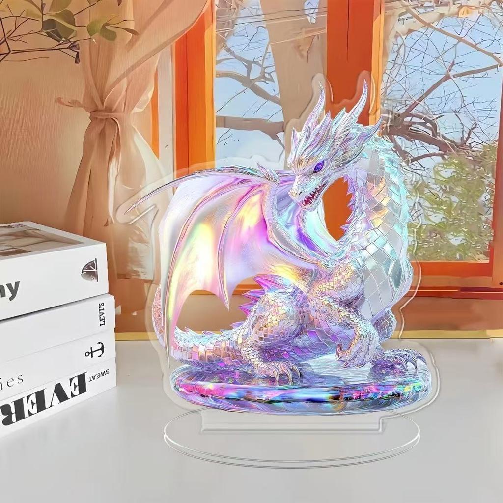 Acrylic White Crystal Dragon Statue 2D Flat Cool Figurine Home Office Cafe Room Studio Display Case Table Ornament Decor Gift