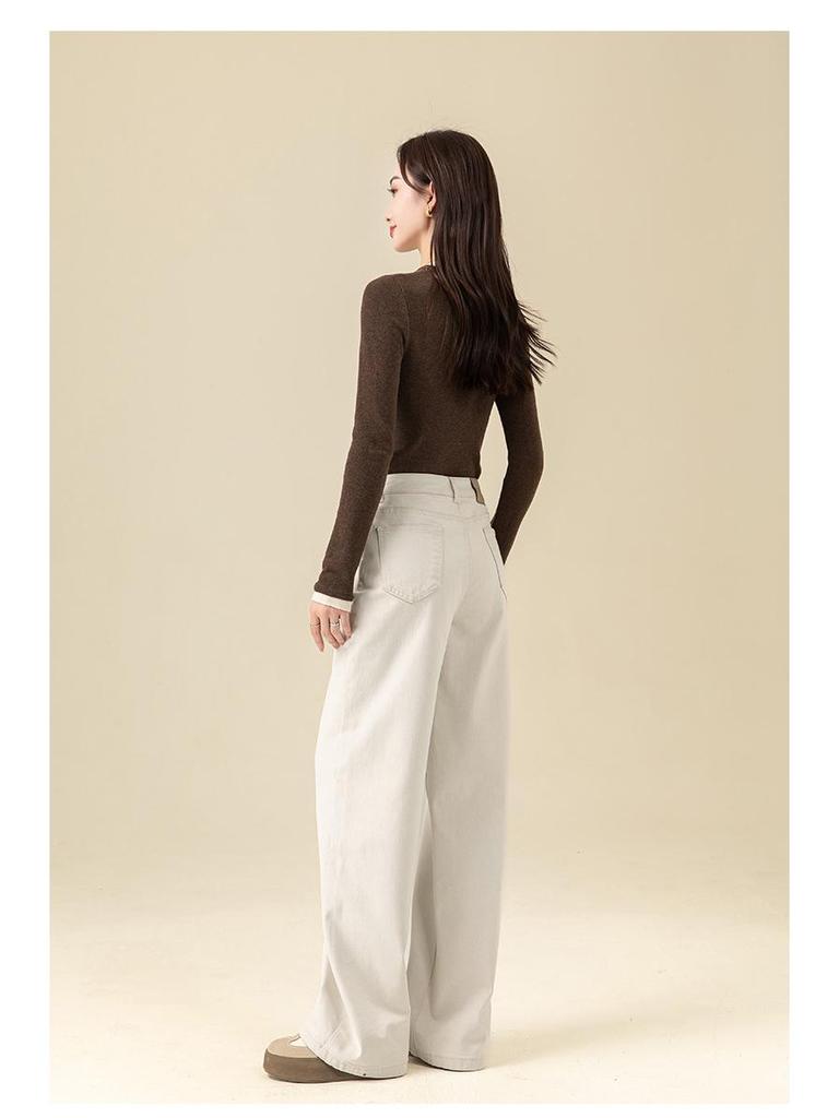 Women's 2024 Winter White Slim Straight Wide-Leg Fleece Jeans