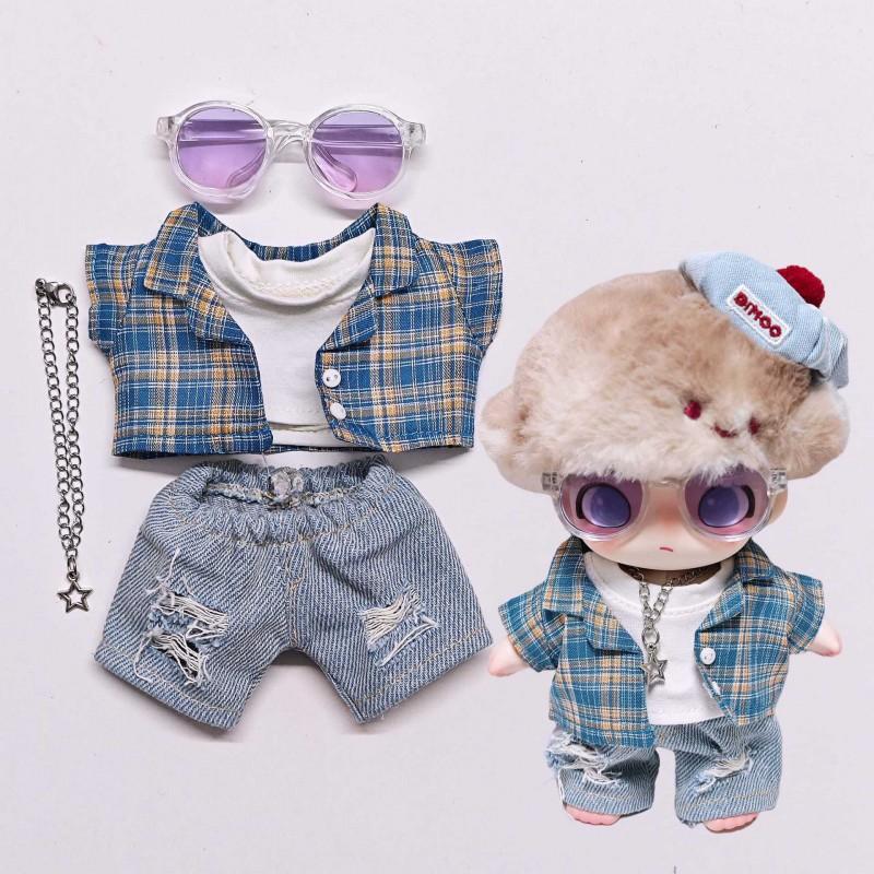 DIMOO Doll Outfit Set Blue Plaid Shirt 6pcs Fashion Accessory 14 Years Collectible Toy