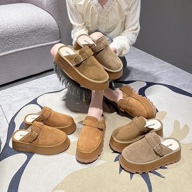 New platform slippers women wear short shoes in autumn to increase the height of Boken bag head half slippers