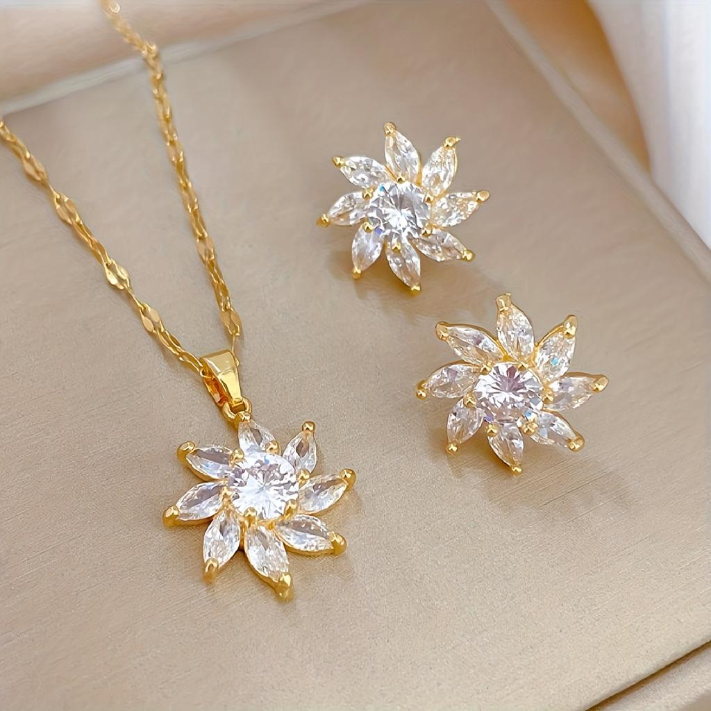 A pair of zirconium-inlaid copper flower pendants, women's fashion jewelry earrings, versatile, light luxury, naturalism, floral design