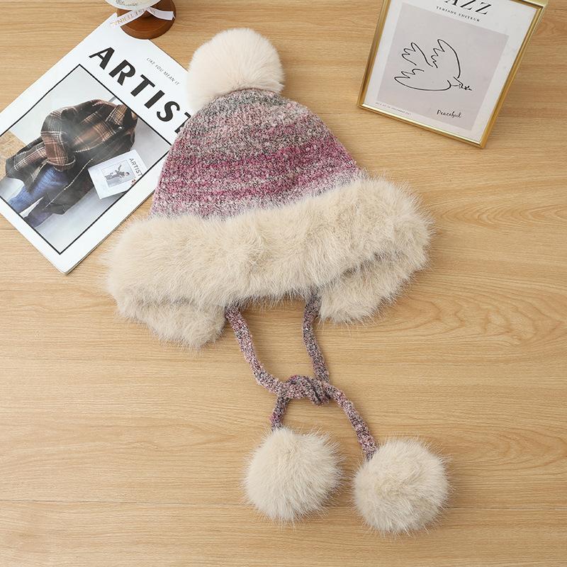 Winter hat women's retro knitted hat fleece thickened ear protection cold wool hat cute rabbit hairball thermal hat