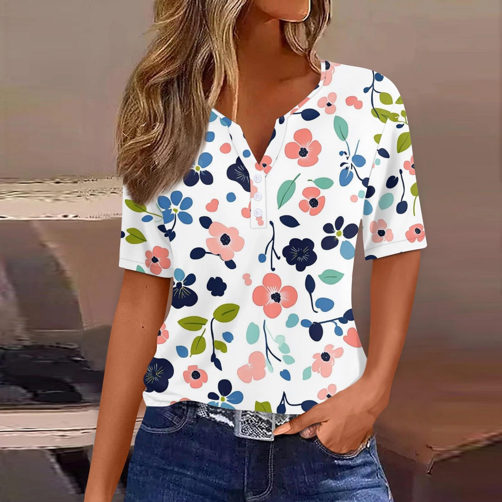 

Женская мода повседневная винтажная цветочная печать V-образный вырез короткий рукав декоративная пуговица футболка топы XL белый