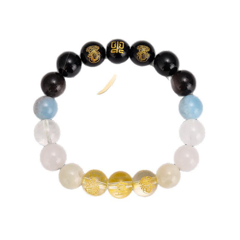 Five Elements Crystal Bracelet with Golden Rutilated Quartz, Tiger's Eye, Agate, and Citrine for Men and Women