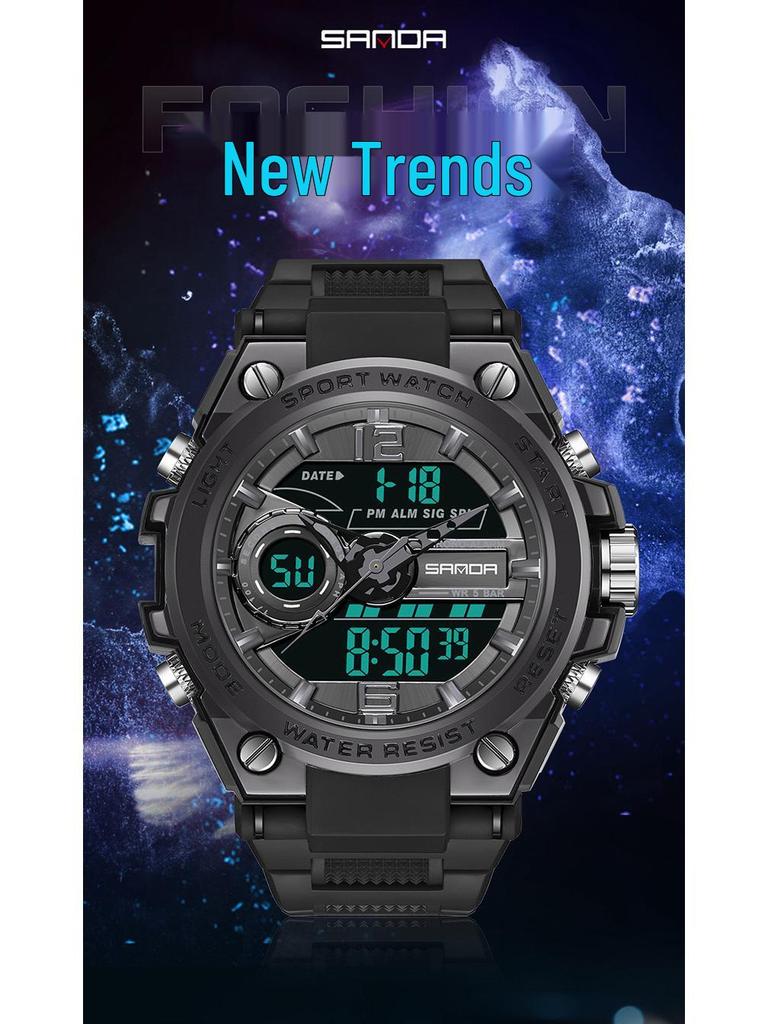 Sanda Trendy Waterproof Sports Watch - Minimalist Design with Dual Display for Students