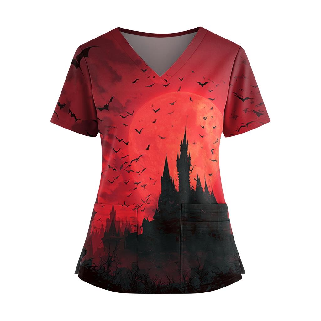 Halloween Print V Neck Short Sleeve Nurse Scrub Top with Dual Pockets and Side Slits Medical Uniform Shirt for Healthcare Professionals