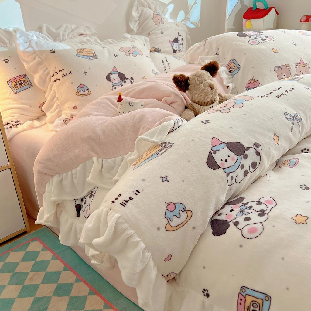Thickened Milk Fleece Bed Four-Piece Set, Cute Lace Coral Fleece Quilt Cover, Fleece Bed Sheet Three-Piece Set