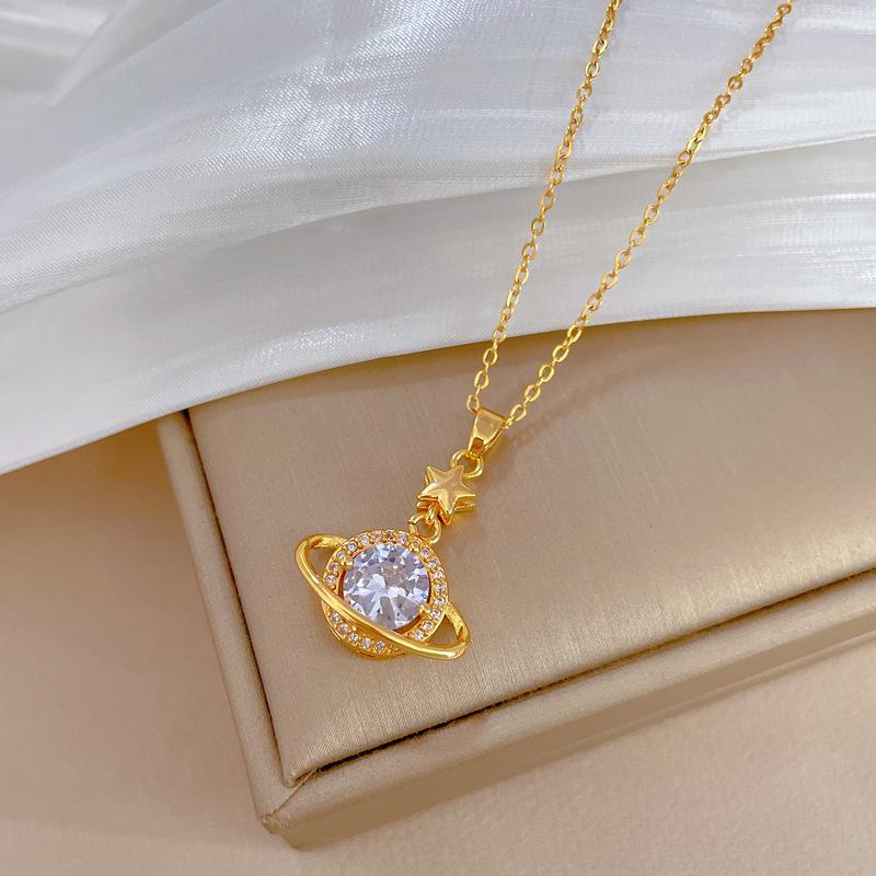 Planet Galaxy Light Luxury Temperament Full Diamond Necklace Women'S Versatile Clavicle Chain Titanium Steel Chain