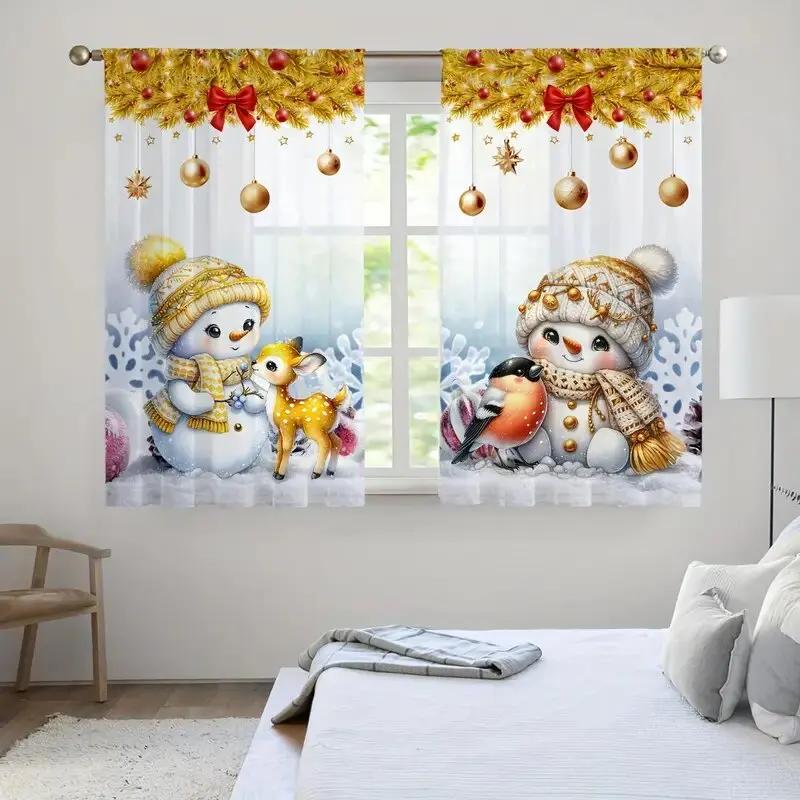 

Christmas Golden Snowman Print Curtains Pole Bag Home Decoration Room Set Of 2 Made Polyester W100*H70(CM)-Grommet top&2PCS