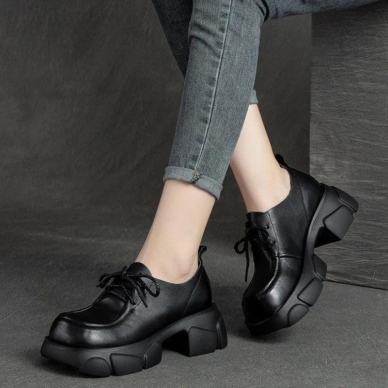 2026 Autumn New Genuine Leather Pumps Thick Sole Loafers Square Toe Lace Up Versatile Leisure Women's Shoes