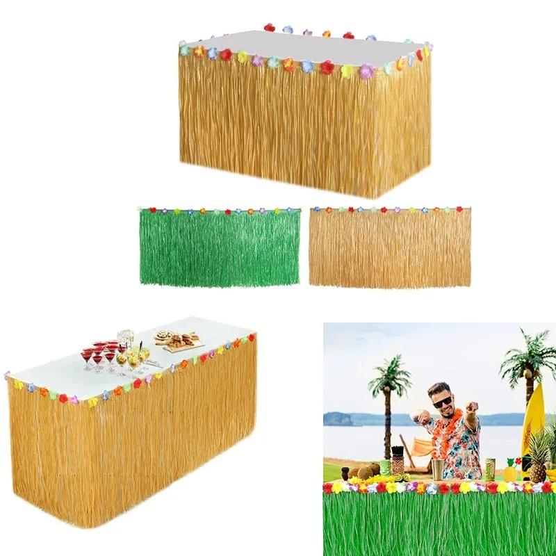 Authentic Grass Table Skirt for Tropical Luau Parties | Hawaiian Hula Skirt Decor Themed Summer Beach Birthday Party Supplies