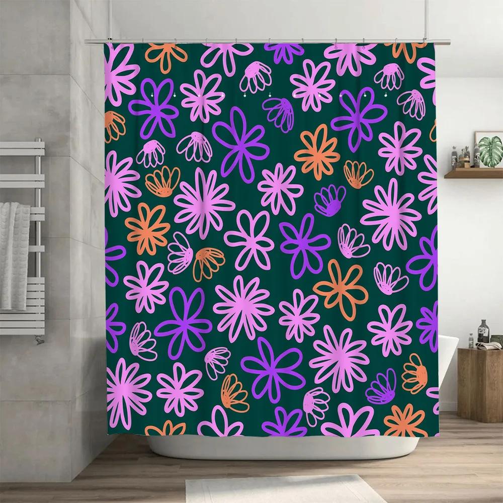 Lebendiger Blumiger Duschvorhang Perfekte Deko für Moderne Badezimmer Grün Lila Blumenmuster Wasserdichte Duschplane Einfache Installation