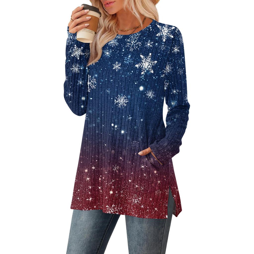 Women's Christmas Printed Round-neck Long-sleeved Top With Pockets And Side Slits