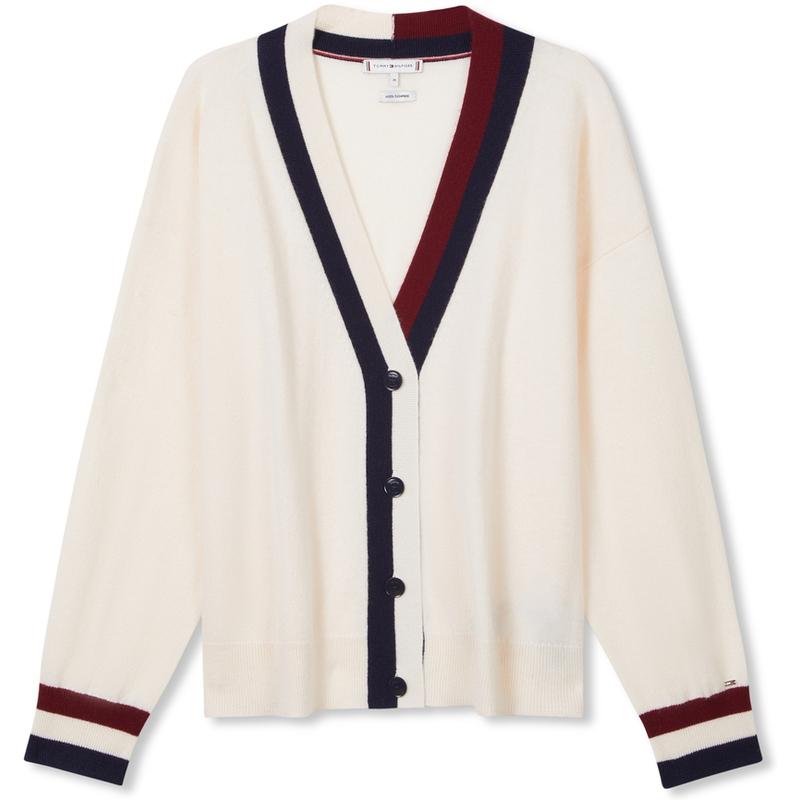Tommy Hilfiger Klassiek Amerikaans Vintage College Mode Kleurblok Knopen Losse V-hals Comfortabele Gebreide Trui Dames trui Off-White WW0WW39535 L