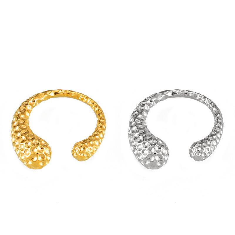 European & American Large Titanium Steel Water Drop Ring, 18K Gold Plated, Hammered Texture, Asymmetrical Open Design