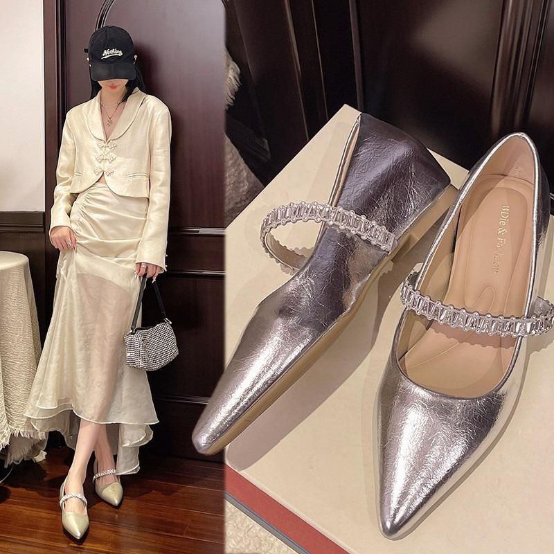 Fashion Pointed Toe French Rhinestone One Character Temperament Single Shallow Mouth Summer New Fashion Mary Jane Shoes