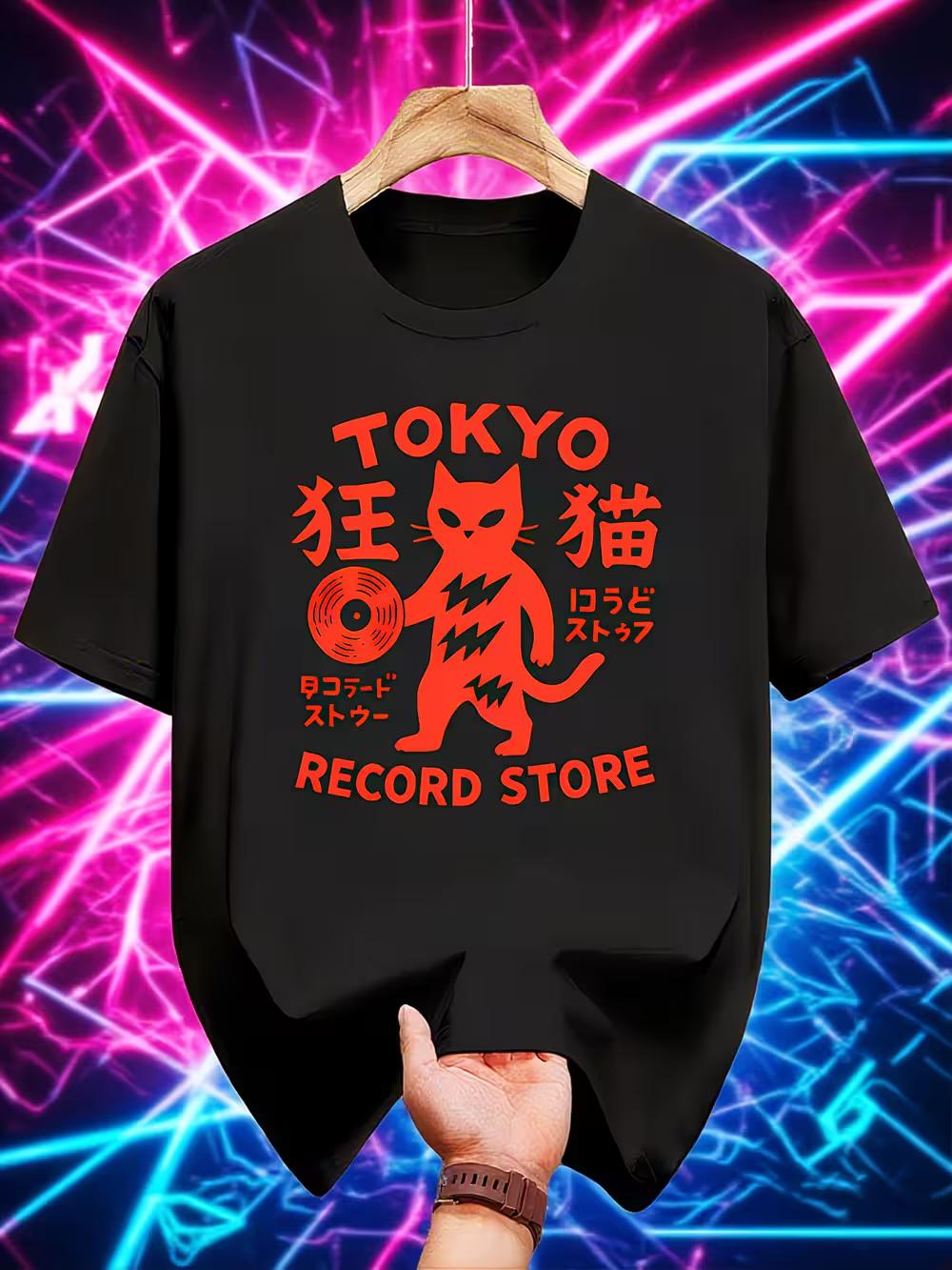 Men s Tokyo Record Store Vintage Japanese Anime-Inspired Graphic T-Shirt - Retro 80s Kawaii Manga Cat & Vinyl Record Design XL