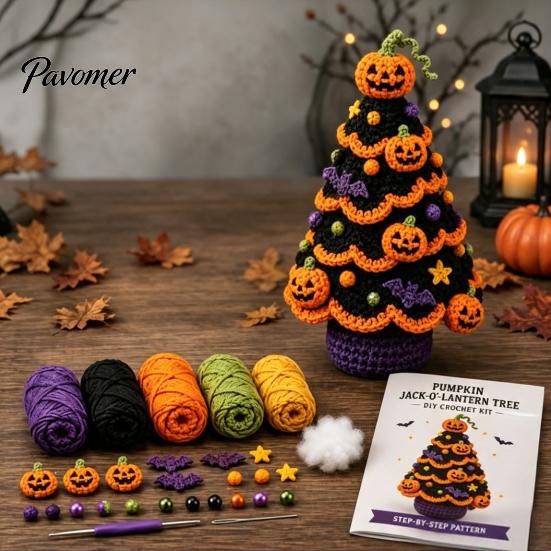 Craft Sets for Adults Halloween Tree Crochet Kit, DIY Black Cat Pumpkin Witch Handmade Yarn Projects Hat Ghost Crafting Kit Holiday Home Decor,