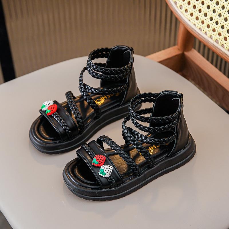 Girls Roman Sandals Open Toe Braided Solid Color High-top Simple Rivets Summer Hollow Flat Casual Shoes