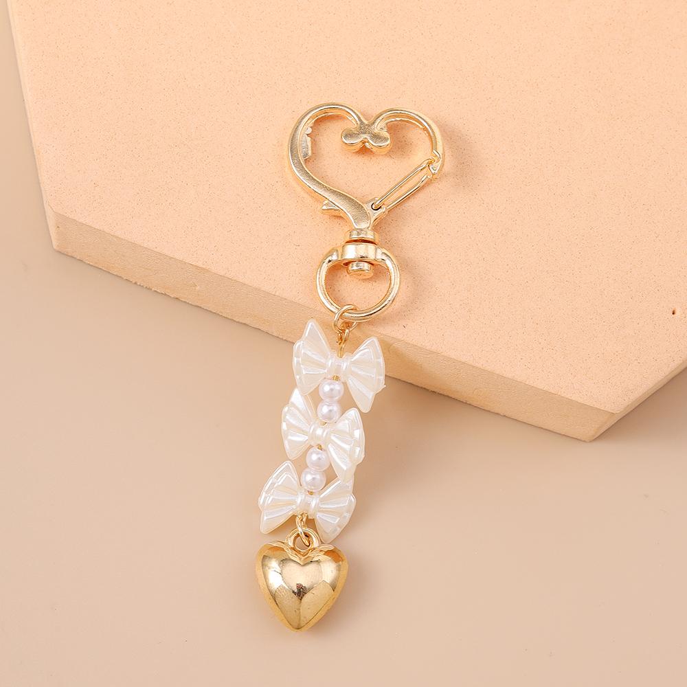 Cute Alloy Love Heart Keychain Women Girls Pearl Bowknot Key Ring Pendants Handbag Decor DIY Handmade Key Chain Gifts