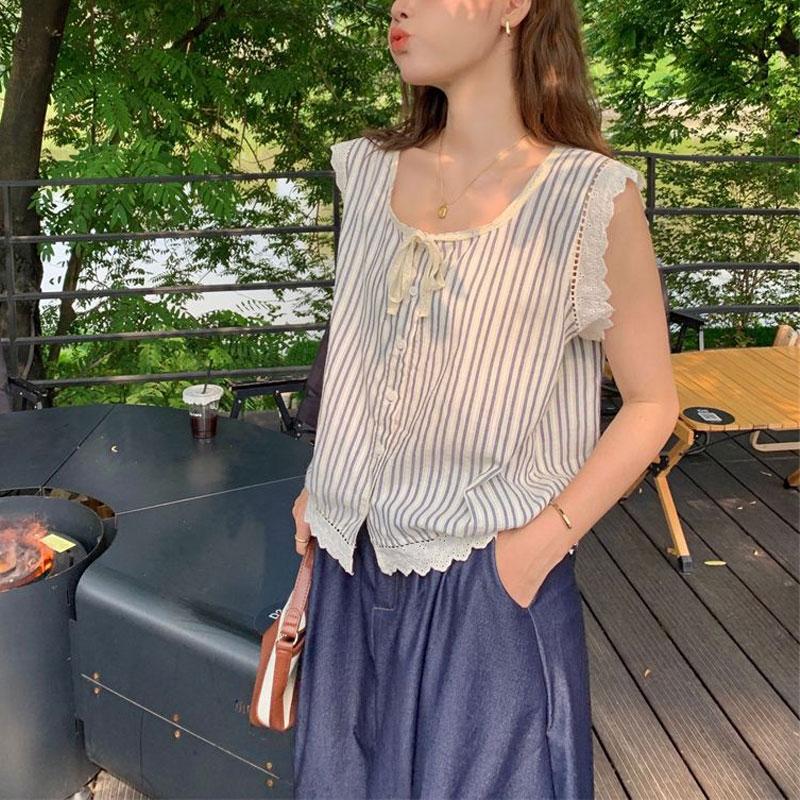 Striped Fashion Lace Hollow Out Blouse O-Neck Summer Casual Sleeveless Spliced Women's Clothing Single-breasted Straight Shirt