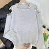 Autumn/Winter Elegant Pink Sequin Off-the-Shoulder Slimming Sweater for Women