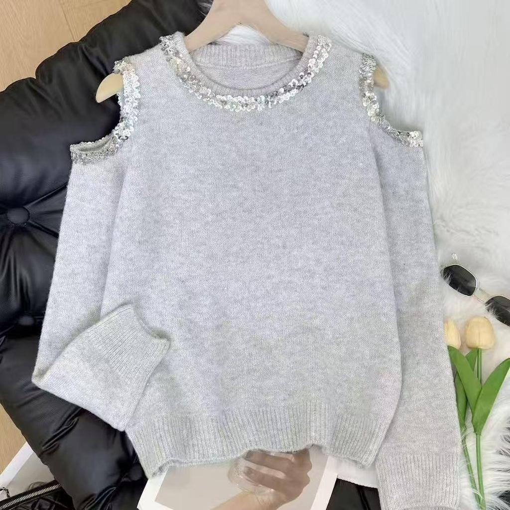 Autumn/Winter Elegant Pink Sequin Off-the-Shoulder Slimming Sweater for Women