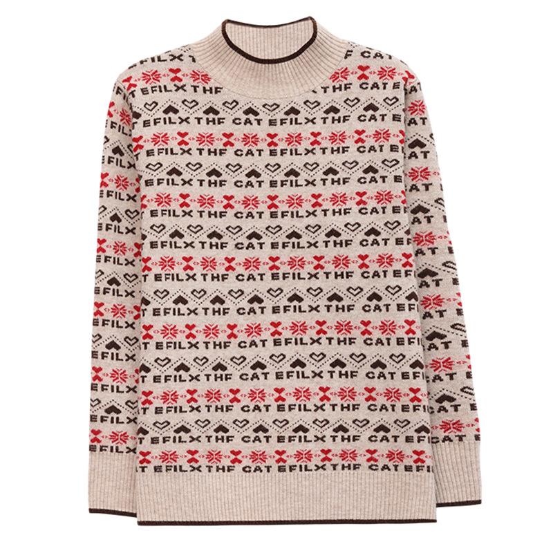 Women's Sweater Autumn and Winter Jacquard Casual Pullover Long-sleeved Loose Half Turtleneck Knitted Sweater