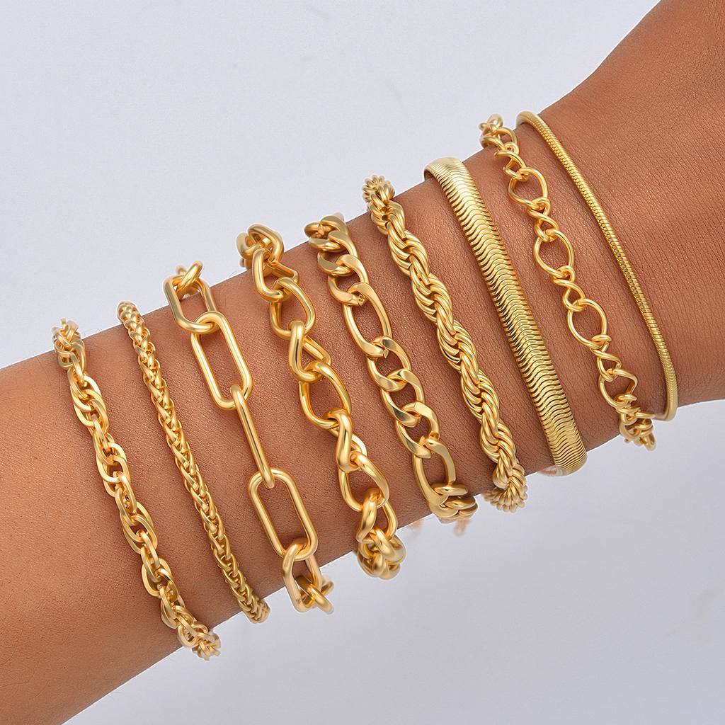 9pcs Simple Punk Chunky Chain Bracelet Set for Women Fashion Metal Snake Twisted Designs Multi Layered Bracelets Daily Jewelry