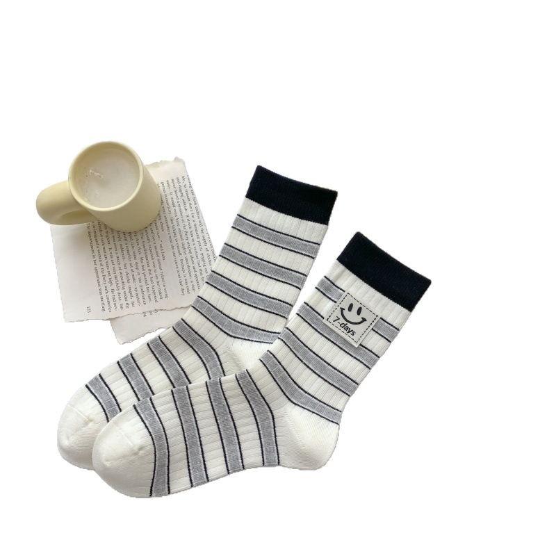 Cartoon Smiley Face Cloth Label Thin Breathable Socks Striped Casual Pile Socks