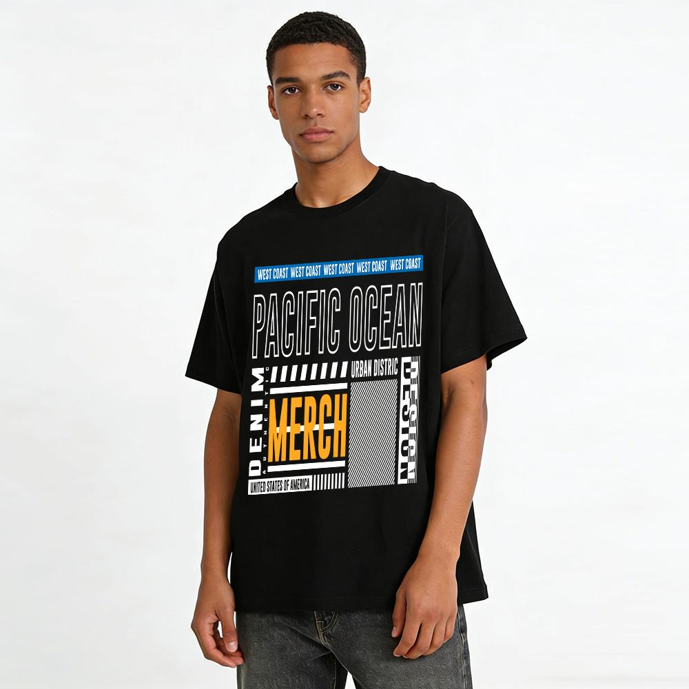 West Coast Trendy Print Top Casual MERCH Letter Loose Streetwear Tee Pure cotton T-shirt