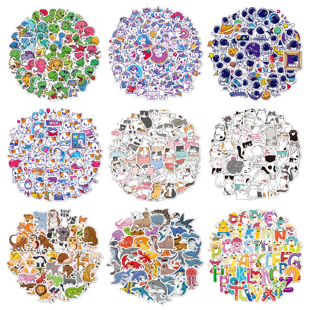 Children's Cartoon Stickers 50 Pieces Dinosaur Unicorn Cat Astronaut Water Cup Stationery Waterproof Children's Stickers