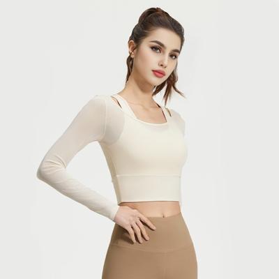 Dámský průsvitný síťovaný crop top se vzhledem dvou dílů, slim fit, s dlouhým rukávem, tílko, cvičební topy s vycpávkou, košile na jógu a fitness