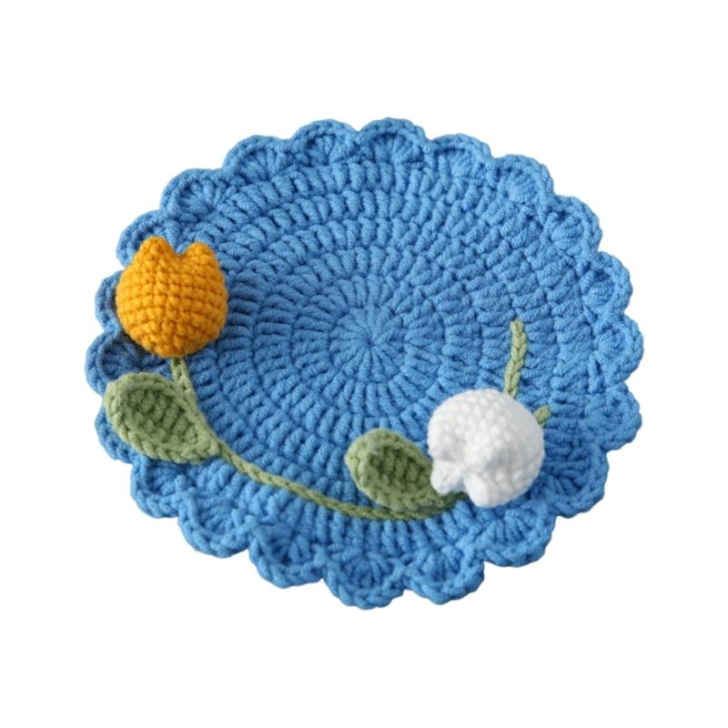 

Bright Double Tulips Design Handwoven Coasters Kitchens Table Decors Handcrafted With Snowy Line Materials оранжевый/белый