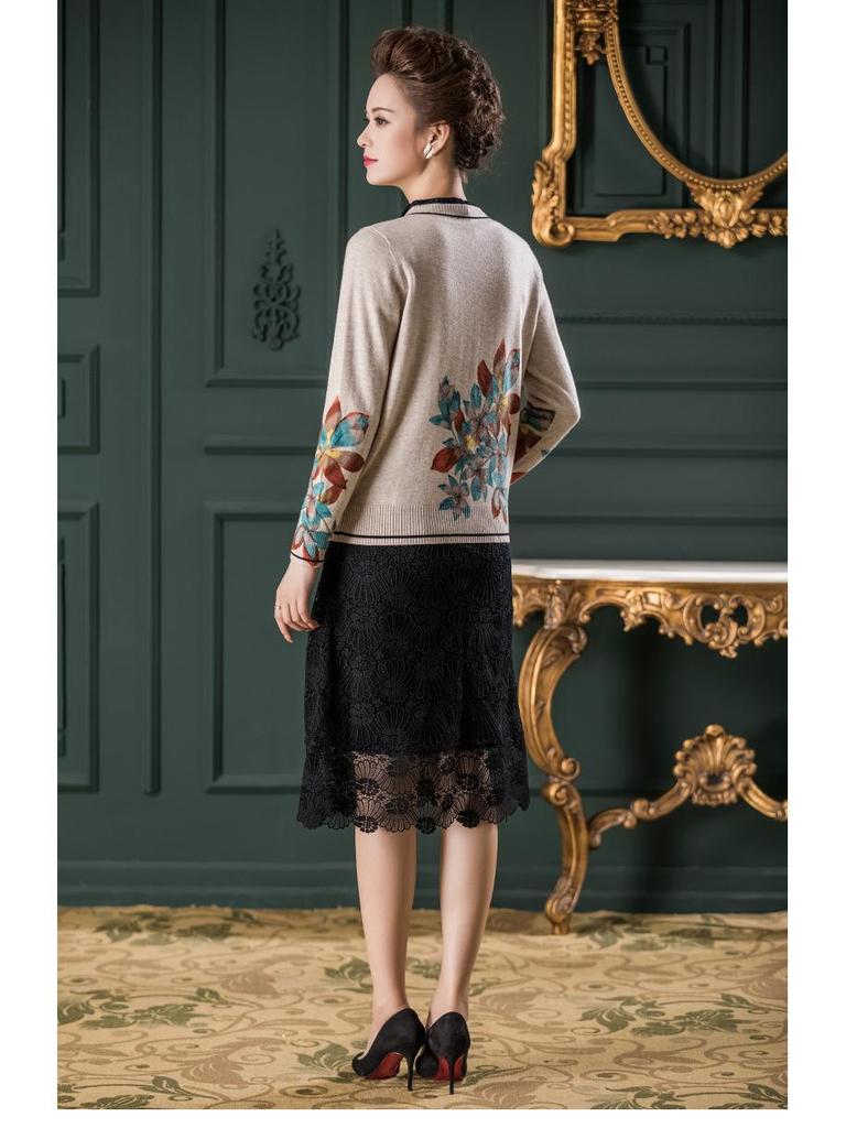 Single-Breasted Long Sleeve Wool Cardigan with Round Neck and Knitted Print 83111