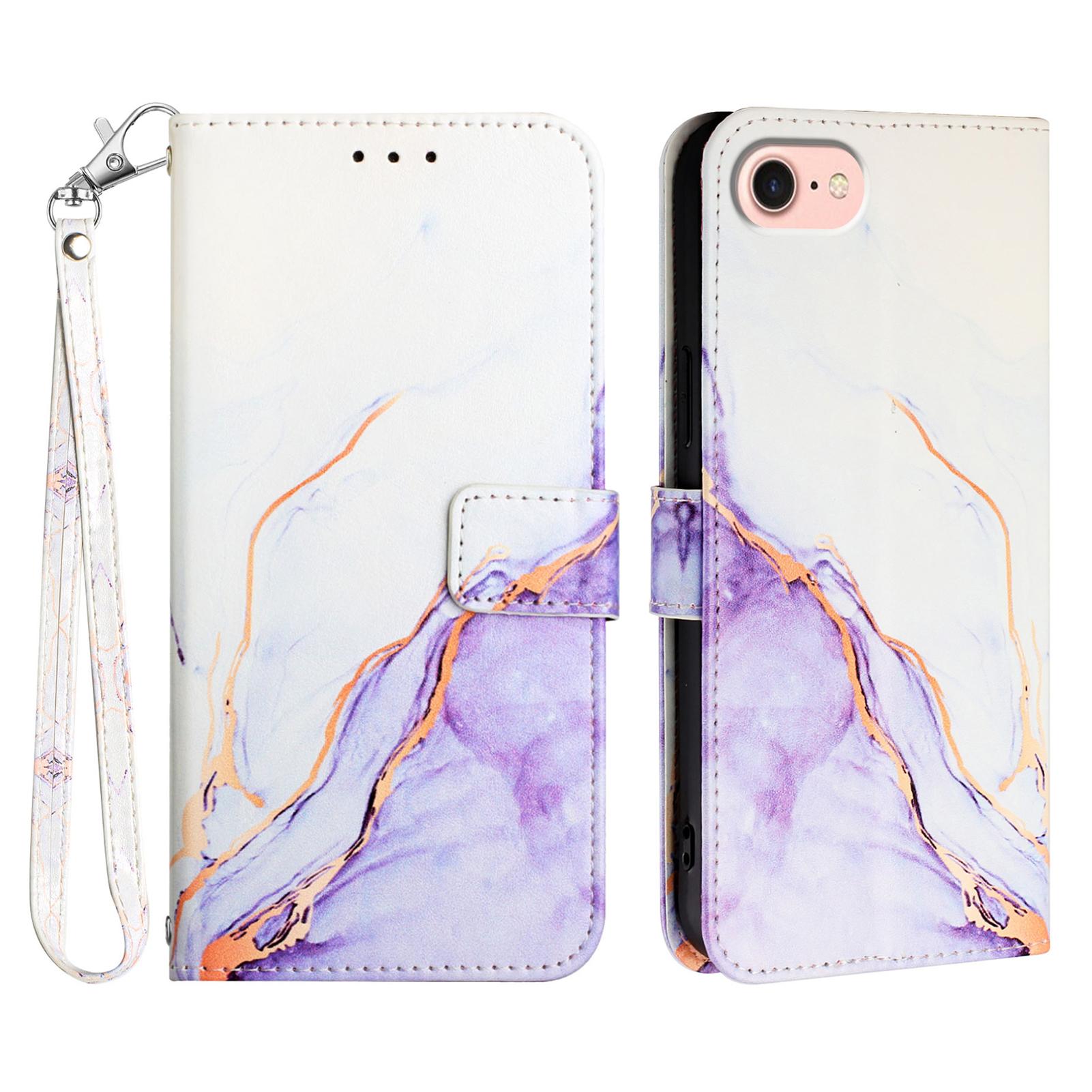 

For iPhone 16e Case with Strap Marble Pattern Leather Phone Cover Card Holder White+Purple LS006