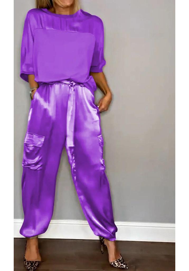 European and American Women's Satin Half-Sleeve Top and Pants Set 2024