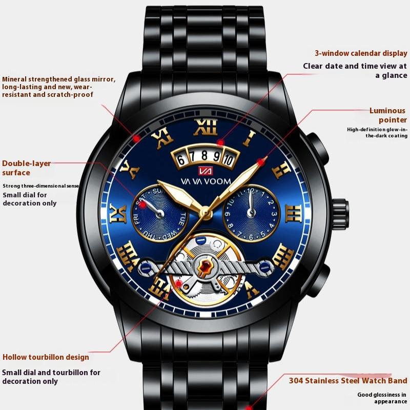 VA VA VOOM Edelstahl Tourbillon Nicht-automatische Mechanische Multifunktions-Businessuhr Leuchtende Wasserdichte Uhr Herren