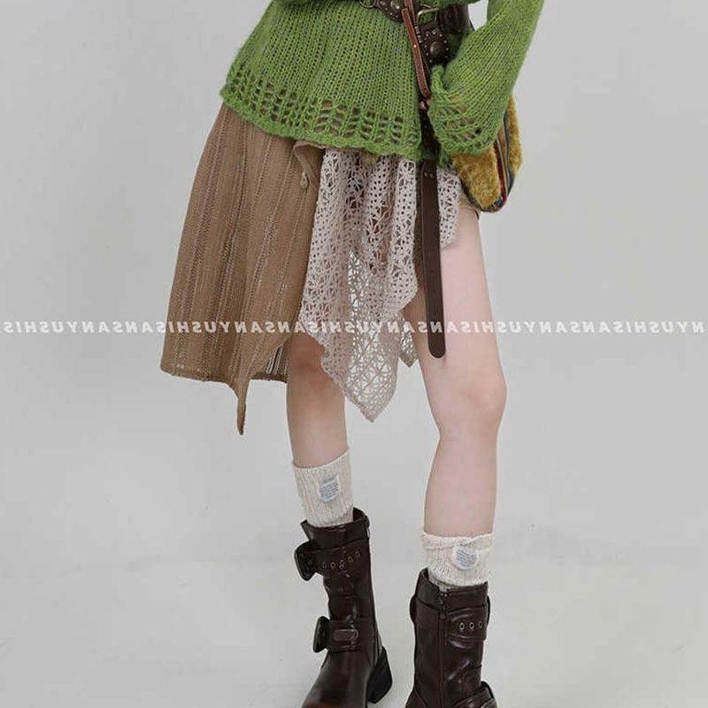 Early Autumn Retro Ruffle A-line Knit Skirt for Women - High Waist, Slimming, Layered Design