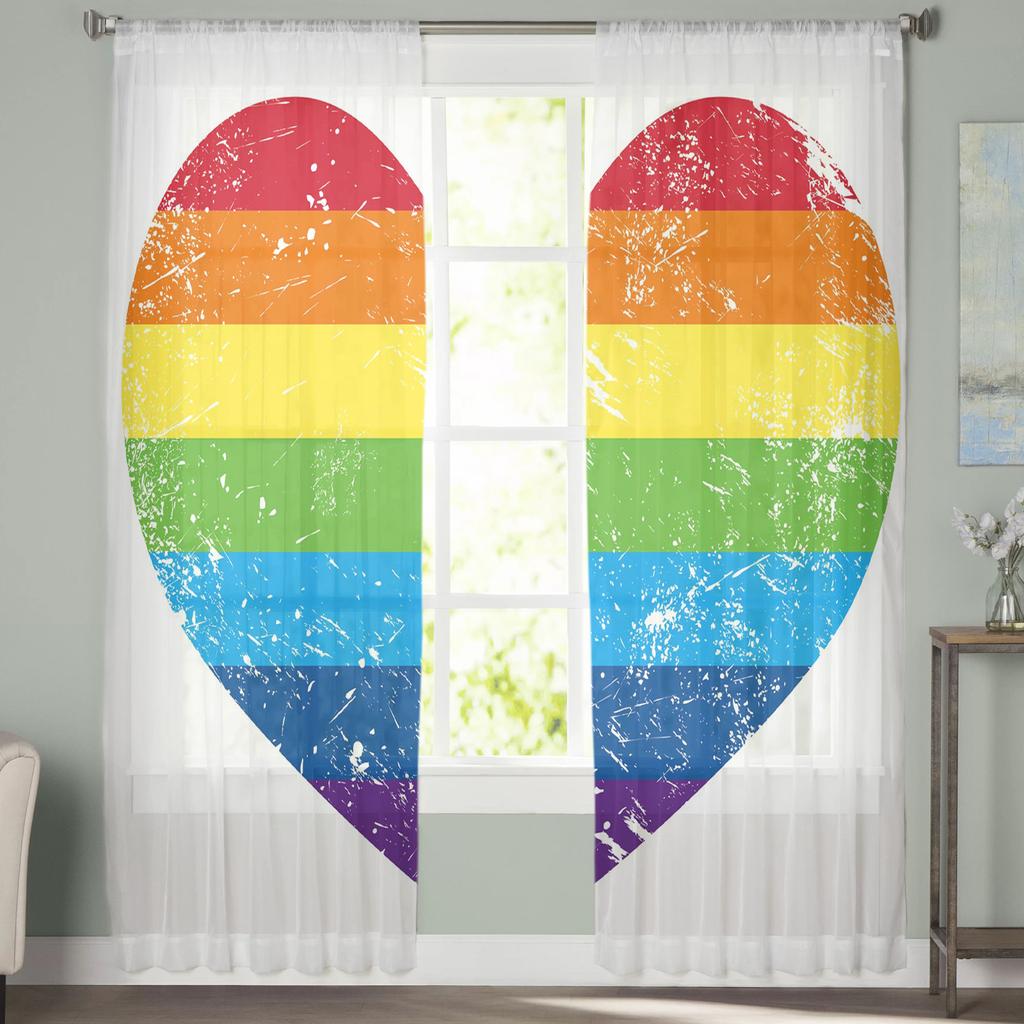 Rainbow Heart Shaped Stripes Colorful Love Tulle Window Treatment Sheer Curtains for Living Room the Bedroom Curtains Decoration
