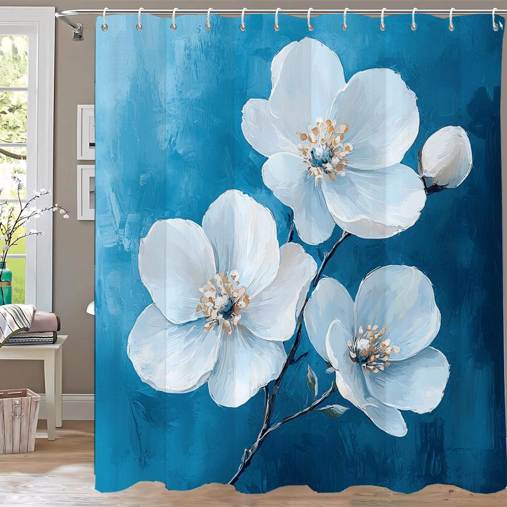 Beautiful And Elegant Blue Flowers Shower Curtain Partition Hanging Curtain With Hooks Washable Home Decoration Curtain
