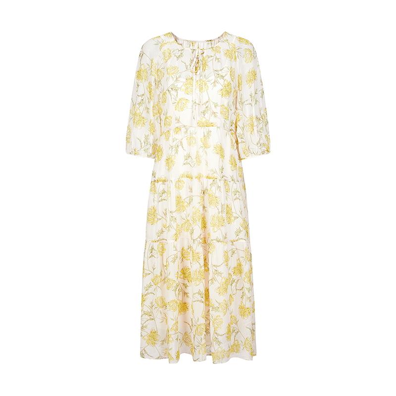 Jiuzi Anna Kou 100% Mulberry Silk Autumn Chrysanthemum Flap Waist Dress for Women 2025 Summer New Style