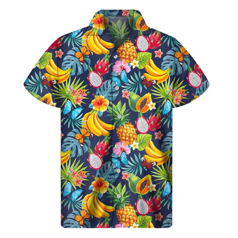 Mango, Banana, Pineapple Pattern Shirt for Men, 3D Printed Fruit Shirt, Summer Beach Vacation Short Sleeve Top