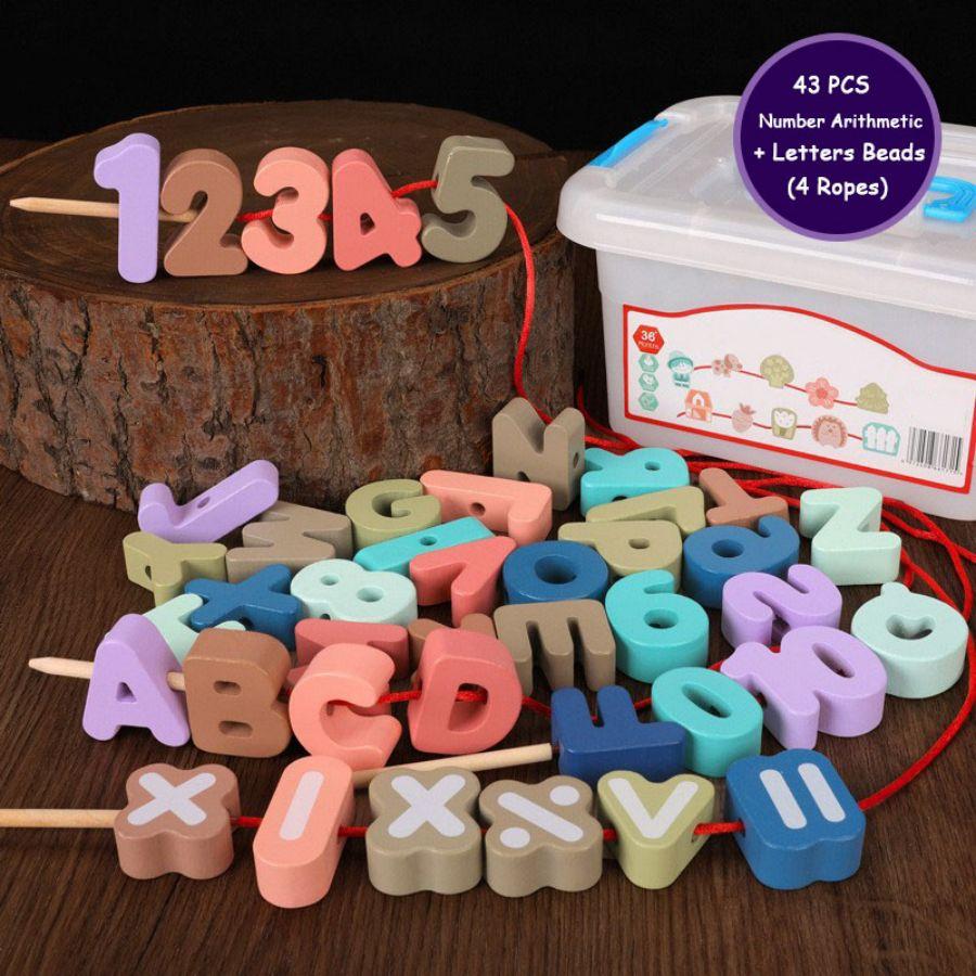 

43pcs Wooden Stringing Baby Toys Montessori Educational Toys Animals Letters Numbers Beading Cartoon DIY Fine Motor Skills Games